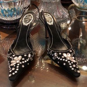 Rene Caovilla black suede heels with rhinestones